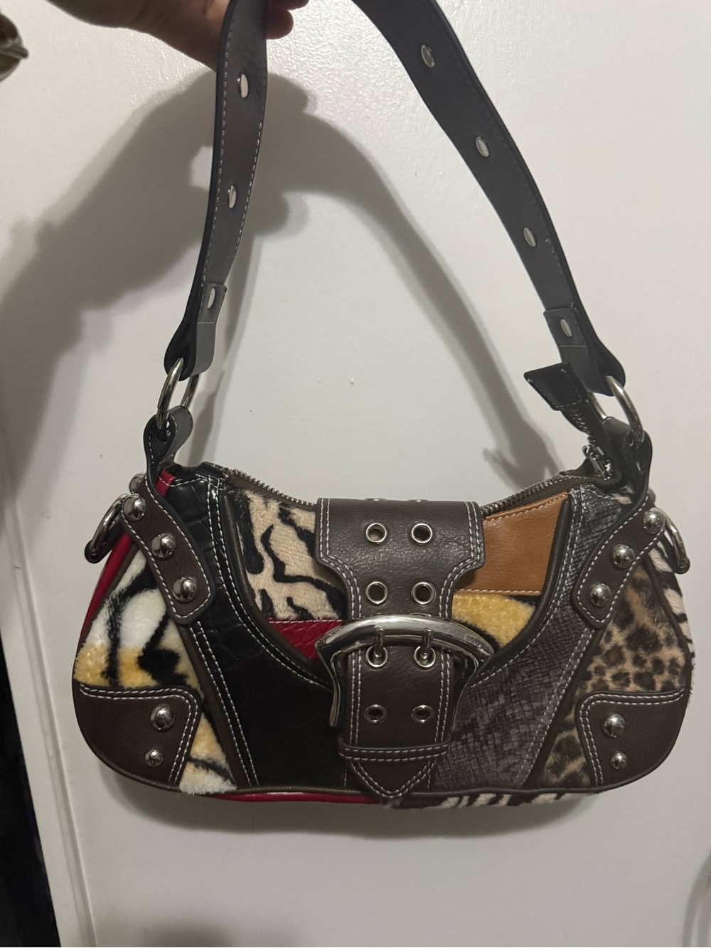 Dolls Kill Patchwork Animal-Print Shoulder Bag in Brown, Tan, Red, Yellow